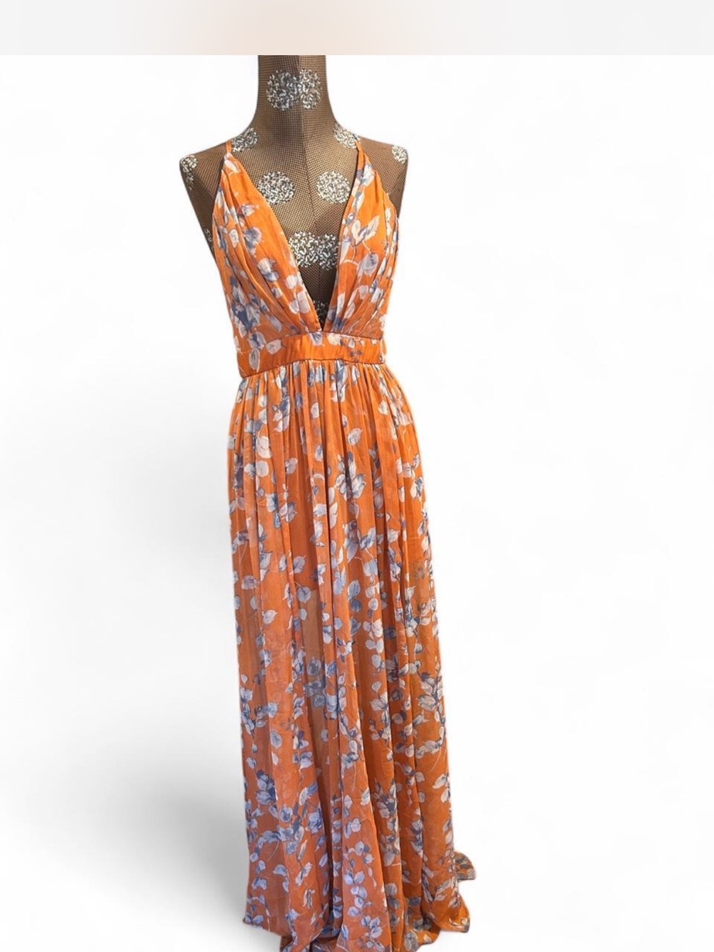 Orange Floral Maxi Dress with Deep V-Neck